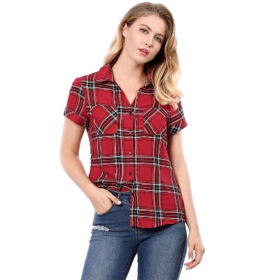 INSPIRE CHIC Women's Classic Short Sleeve Button Down Plaid Shirt