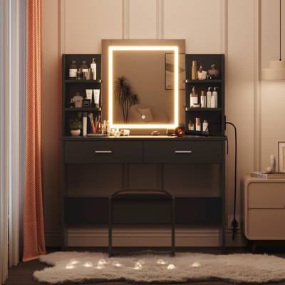 Vanity Desk with Mirror and Lights, Makeup Vanity Set with Cushioned Stool, Power Outlet, 6 Storage Shelves