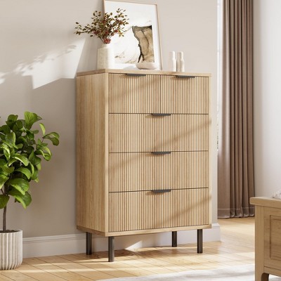 GustoWave Oak Fluted 5 Drawer Dresser, Wood Chest of Drawers with Wide Drawers, Closet Dresser Organizer with Anti-Tipping Device and Metal Legs