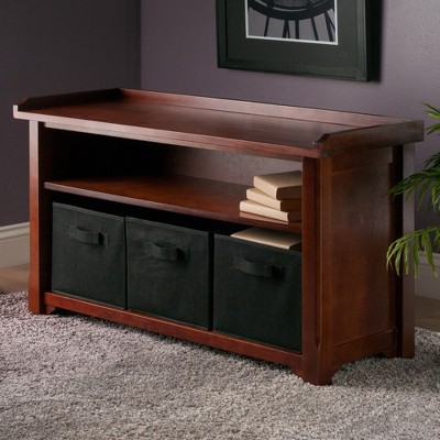 Verona Storage Bench with 3 Foldable Color Fabric Baskets - Walnut - Winsome