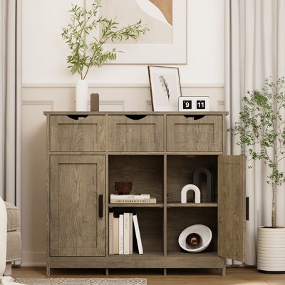 SKRAN Storage Cabinets Coffee Bar Cabinet Sideboard Cabinet with 2 Doors,3 Drawers and 3 Adjustable Shelves for Living Room, Bedroom, Home Decor