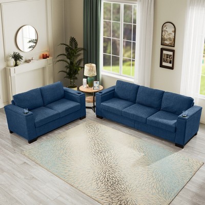2-pieces Polyester Upholstered Sofa Set with Square Arms, Cup Holders, and Hidden Storage