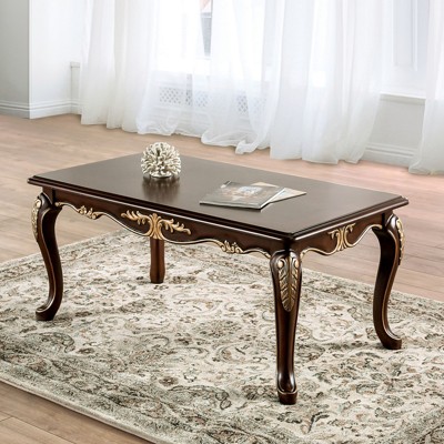 1pc Rectangle Coffee Table Curved Legs Carved Details Design With Gold Highlight Elegant Look Solid Wood Structure