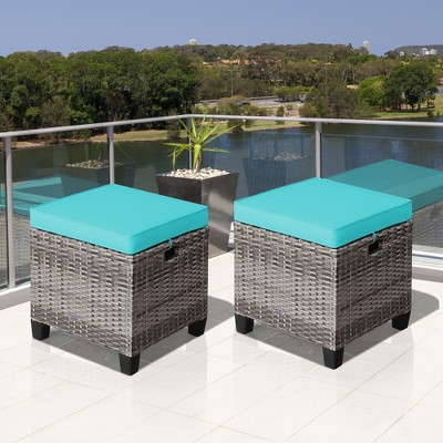 Costway 2PCS Patio Rattan Cushioned Ottoman Seat  Foot Rest Table