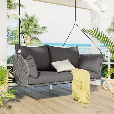 Okak 51.9" 2-Person Woven Hanging Swing Chair,Outdoor Porch Swing with Ropes and Cushions,Bench Swing for Patio,Backyard,Garden