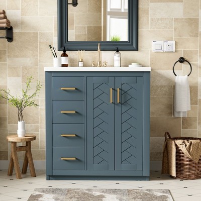 TUYOHW Bathroom Vanity with Ceramic Sink Combo, Solid Wood Frame Bathroom Storage Cabinet, Freestanding Vanity Set with 3 Drawers