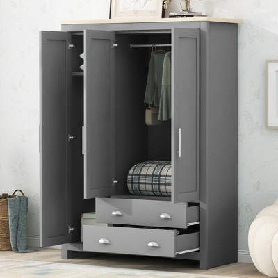 TIRAMISUBEST 3 Door Bedroom Storage Wardrobe with 2 Drawers and Hanging Rods, Modern Armoire Clothes Organizer with Storage Shelf