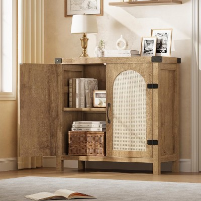 Rattan Buffet Cabinet with Storage, Coffee Bar Sideboard with Doors & Adjustable Shelves, Boho Farmhouse Cabinet for Kitchen & Living