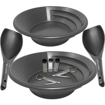 Gold panning kit for two; Two green gold pans, two plastic paydirt shovels, two stainless steel magnifying tweezers, and three glass vials