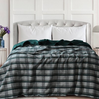 Tribeca Living Plaid Cotton Acrylic Reversible Blanket Green