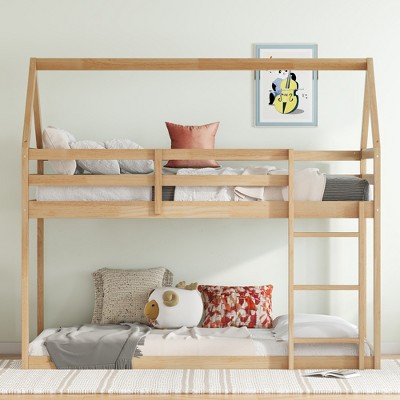 MAYEERTY Twin Rubber Wood Floor BUnk Bed with Ladder, Guardrails, House Shaped Bunk Bed Beige