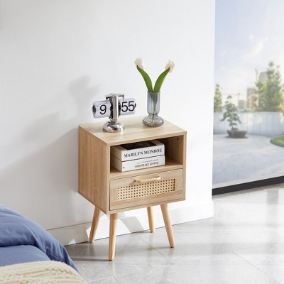 Angel Sar Rattan Side Table with Drawer, Solid Wood Legs End Table/Nightstand for Bedroom & Living Room, Natural
