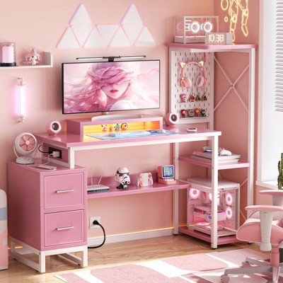 Ahealpus Computer Desk with Power Outlets and Fabric Drawers