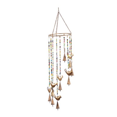 26" x 7" Eclectic Metal Birds Windchime with Beaded Strands Gold - Olivia & May: Indoor Musical Decor