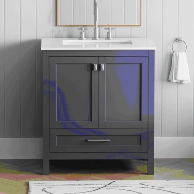 30" Bathroom Vanity with Sink, Fully Assembled Sink Cabinet with Marble Countertop (Navy Blue)