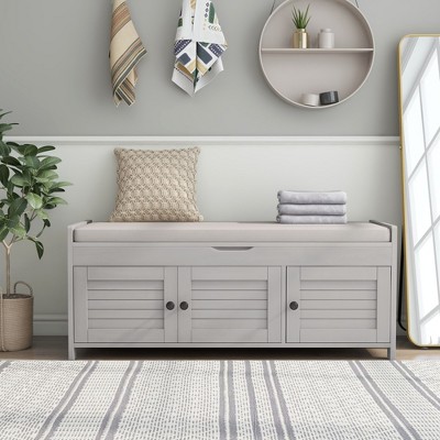 CAVINAS Modern Shoe Bench with 3 Shutter-shaped Doors & Removable Cushion,Rectangular Storage Bench for Entryway,Living Room