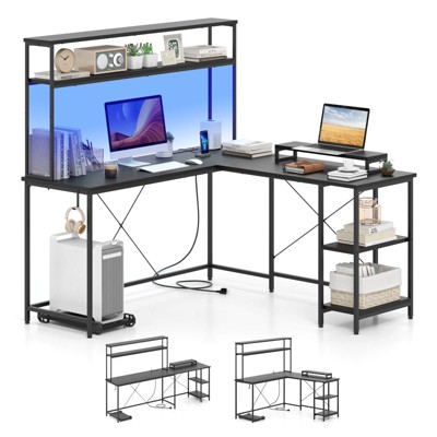 Costway L-Shaped Gaming Desk with LED Strip & Power Outlets Hutch Monitor Stand CPU Stand Brown/Black/Gray
