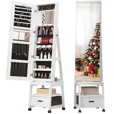 360° Swivel Jewelry Armoire, Floor Standing Full Length Mirror with Rear Storage Shelves, Lockable Jewelry Cabinet with Bottom Drawer and Wheels