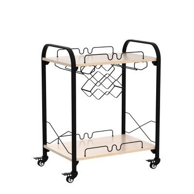 ZACHVO 2-Tier Bar Cart with Bottle Racks & Glass Holders, Wood Color, Mobile Beverage Cart on Wheels for Kitchen & Living Room