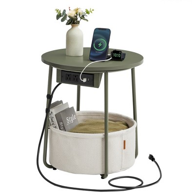 VASAGLE Side Table with Charging Station, Round End Table With Fabric Storage Box, for Living Room with Power Outlets USB Ports
