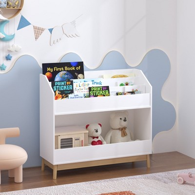 Racxily Toddler Book Display Shelf with Storage, Wooden Kids Bookcase Organizer for Bedroom or Playroom, White