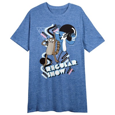 Regular Show Mordecai & Rigby Geometric Art Women's Blue Heather Crew Neck Short Sleeve Night Shirt