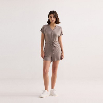 Reistor Womens V neck Drawstring Knit Romper in Dusty Brown Small