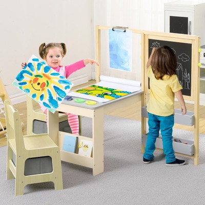 Wooden Easel for Kids, Kids Art Table and 2 Chairs,Art Center with Double-Sided Blackboard & Whiteboard, Paper Roll for Drawing