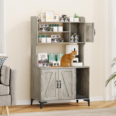 Cat Litter Box Enclosure with Shelves,Hidden Cat Box Cabinet Furniture with Scratching Mat,Wood Sturdy Cat Washroom Storage, Indoor Cat House