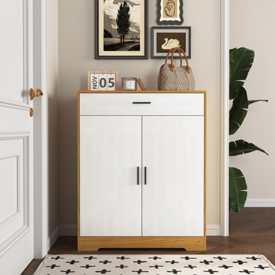 Airsurfer 4-Tier Shoe Cabinet with Drawer, Freestanding Wooden Shoe Storage with 2 White Doors & Adjustable Shelves for Entryway
