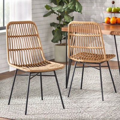 Lifestorey Set of 2 Greenville Dining Chairs Natural: Mid-Century Modern, Rattan & Metal Frame, 250lb Capacity
