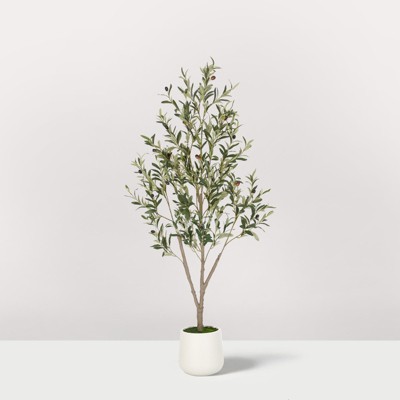 Romswi Olive Tree Artificial Indoor, 5-7 ft Tall Faux Olive Tree with White Planter, Artificial Plants, Natural Leaves Lifelike Fruits for Home Décor