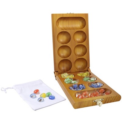 GSE Folding Wooden Mancala Board Game with Multi-Color Glass Stones and Storage Bag, Travel Game - Oak/Mahogany