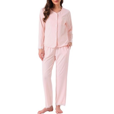 INSPIRE CHIC Women's Pajama Sets Lace Trim Long Sleeve Button Down Sleepwear Elastic Waist Lounge Pant Set with Pockets