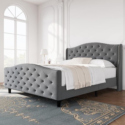 homfan 2-Piece Set - Luxury Arched Tufted Upholstered Queen Bed, Gray Velvet Sponge Plywood