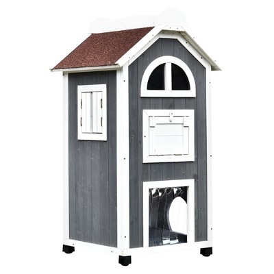 PawHut 43"H Wooden Cat House Feral Cat Shelter Outdoor Kitten Condo 3-Floor Pet Habitat with Asphalt Roof, Escape Doors, Inside Stairs, gray and White