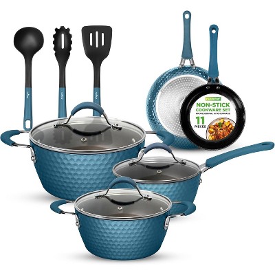 Non-Stick Cookware Set for Everyday Cooking with Blue Diamond Pattern, Includes Pots & Pans, 11-Piece