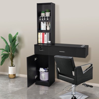Karl Home Black Wall Mount Barber Station with 2 Drawers 1 Storage Cabinet 3 Open Shelves
