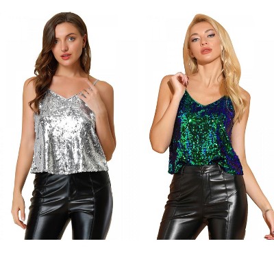 Allegra K Women's Sequined Shining Adjustable Straps Party Sparkle Cami Top 2 Packs