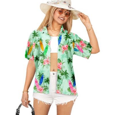 HAPPY BAY Summer Vacation Button Down Short Sleeve Camp Blouse Casual Holiday Hawaiian Shirts Tops Blouses Womens Flora