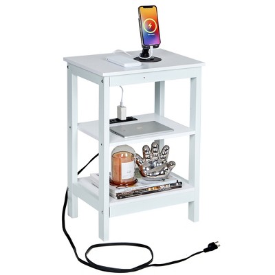VECELO Modern Nightstand with Charging Station, Side End Table with Storage Shelf for Bedroom or Living Room, Small Spaces, Black/Brown/White