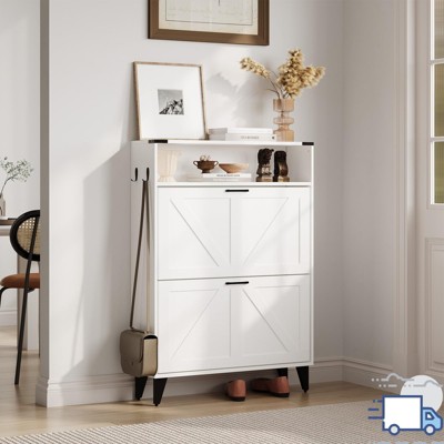 Jojoka Farmhouse Style Slim Shoe Storage Cabinet with Flip Drawers, Adjustable Compartments, and Sturdy Metal Legs