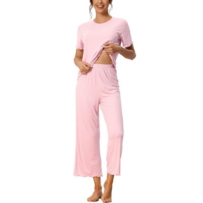 cheibear Women's Lounge Set Ruffle Trim Round Neck Soft Knit Short Sleeve Shirt with Pants Loungewear