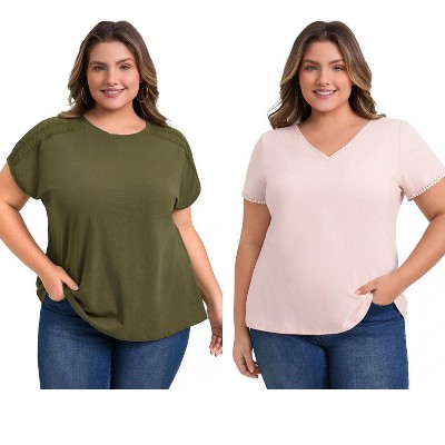 GRACE & GRANDEUR Women's Plus Size 2 Pcs Set Short Sleeve Tops Crochet Trim Dressy Loose Blouses