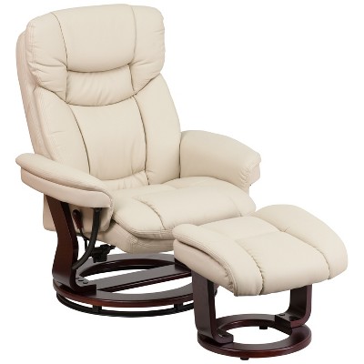 Emma and Oliver Multi-Position Recliner & Curved Ottoman with Swivel Wood Base