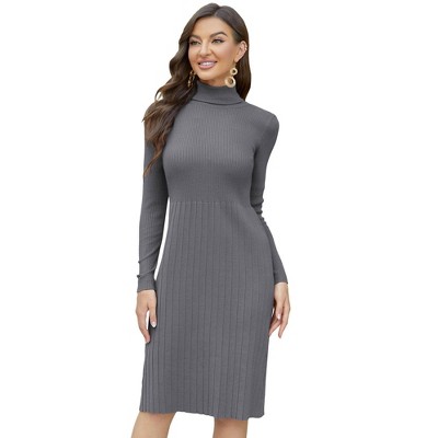 BLUEMING Womens Turtleneck Sweater Dress Slim Fit Long Sleeve Bodycon Ribbed Knit Midi Sweater Dress