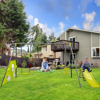 Gulches Green and Blue interesting six function swingset with net swing metal plastic safe swing set 440lbs for outdoor playground for age 3-8 years