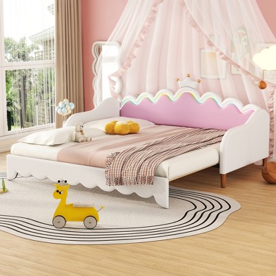 Twin Extending Size Upholstered Princess Daybed with LED Lights and Crown Headboard, 4Q -ModernLuxe