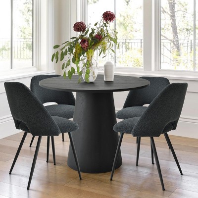 Modern 5-Piece Round Dining Table Set with 35" Black Pedestal Table and 4 Boucle Upholstered Chairs for Space-Saving Kitchen-Maison Boucle