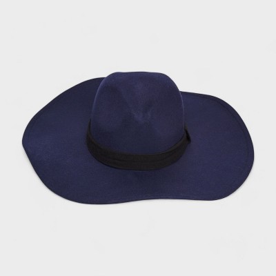 French Connection Women's Faux Suede Fedora Hat for Women - Wide Brim Fedora with Black Ribbon Band - Tan and Navy